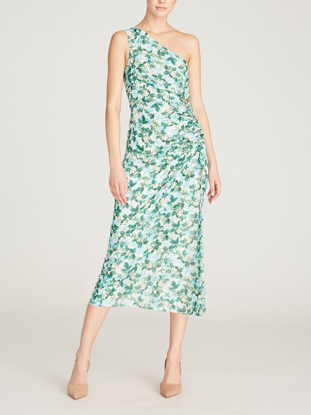 AMUR Clarissa Cutout One-Shoulder Sand Pearlflower Floral Midi Dress Sz 6 $498